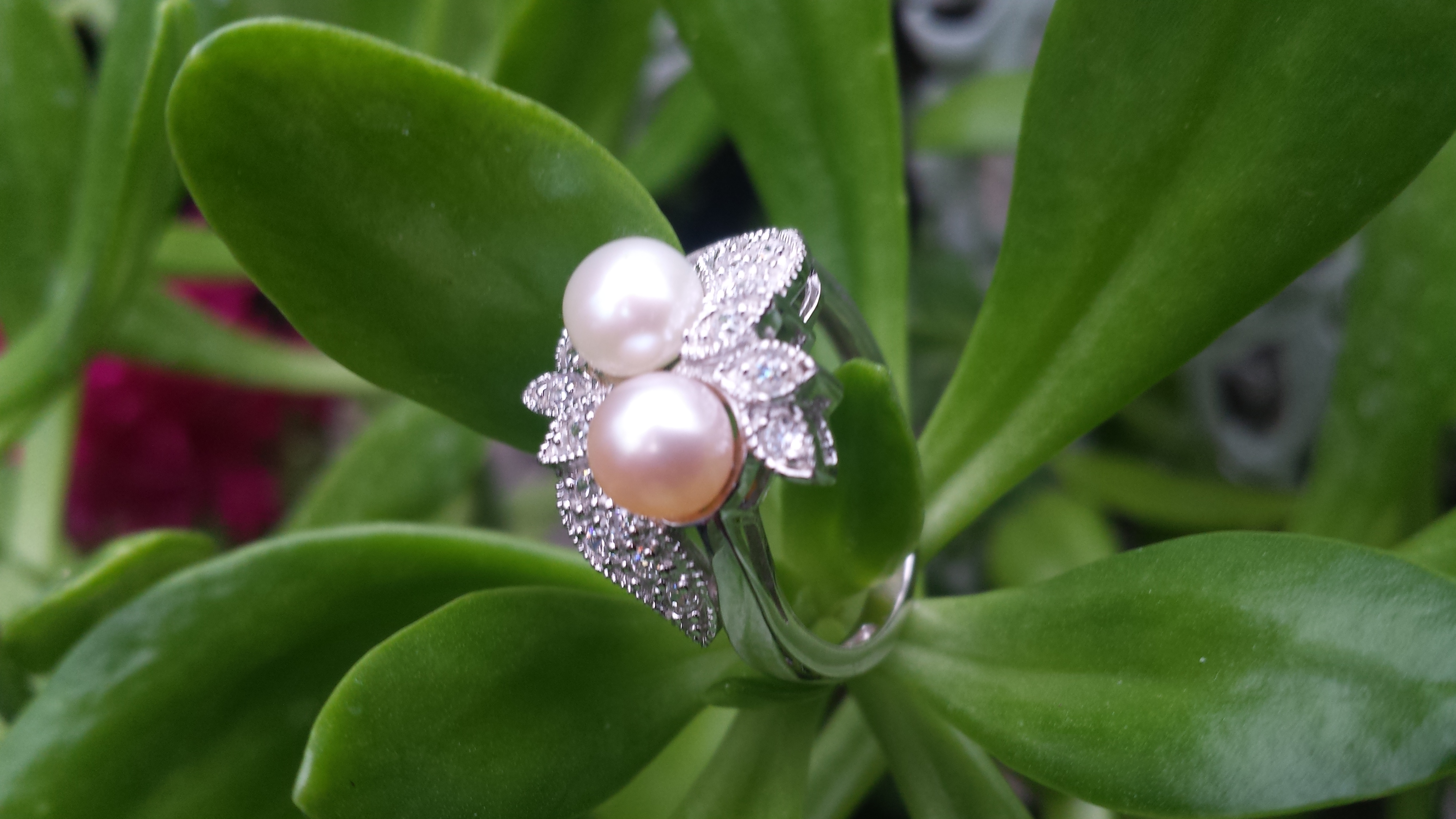 BEAUTIFUL DOUBLE WHITE/PINK FRESHWATER PEARL RING EMBEDDED CUBIC